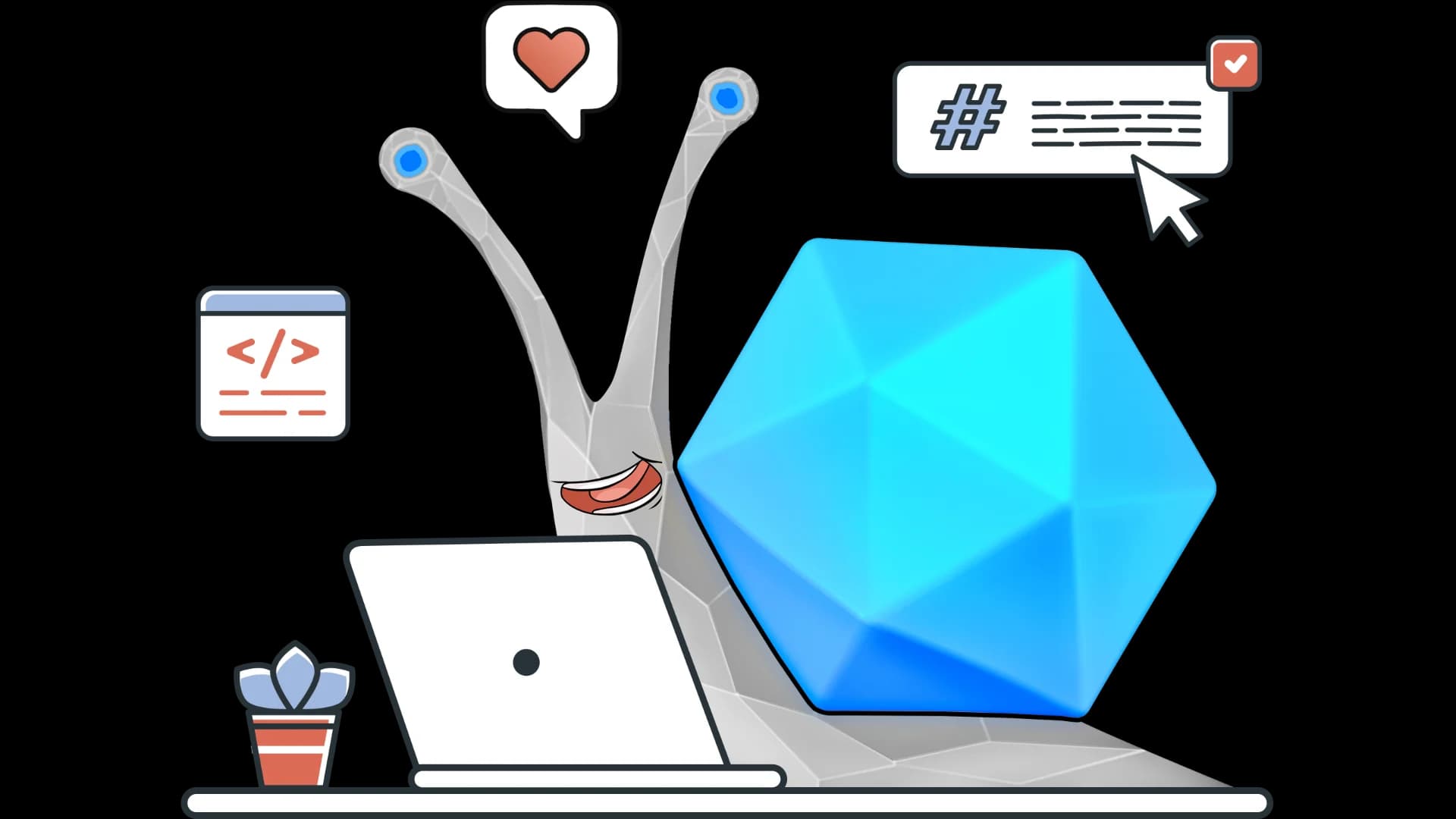 Illustrated snail sitting at a desk, coding tools on a laptop, with a thought cloud containing a heart - symbolizing RenderSnail's indie developer who creates each application with personal care and attention to detail.